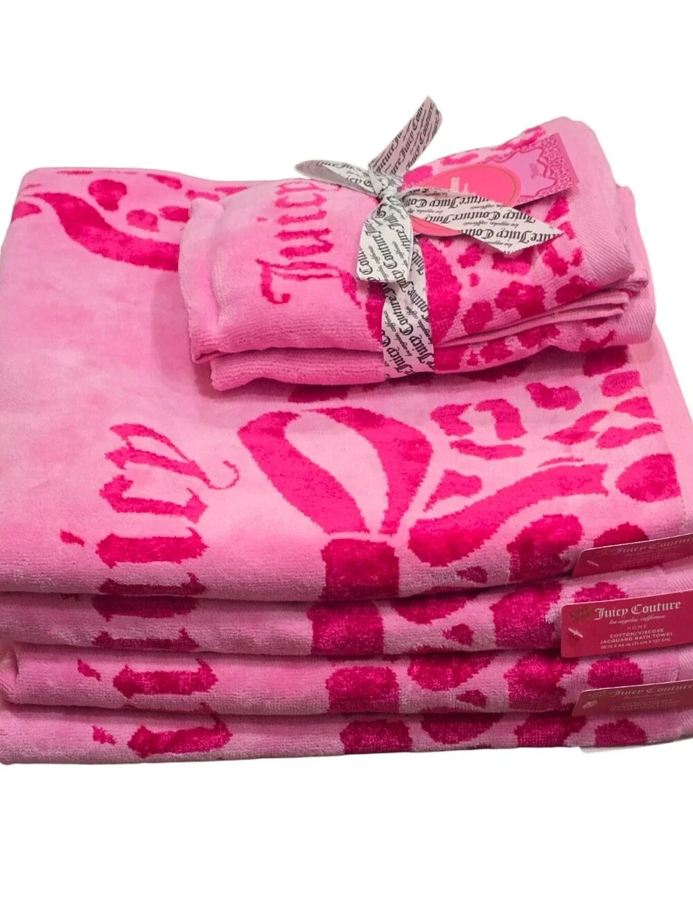 Juicy Couture Home Bows & Leopard Print Plush Oversized Bath Towel Set- Pink